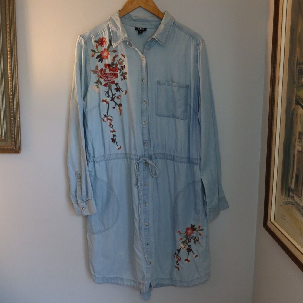 A.n.a Dress Womens XL Blue Floral Long Sleeve Embroidered Drawstring Waist